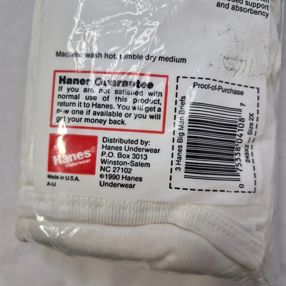 NOS Hanes Briefs Mens 2X‎ (46-48) White Big Man 3-Pack Vintage 1990 Made in USA